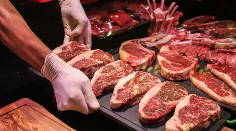Mano con guantes sosteniendo un plato con cortes de carne roja de res, exhibiendo su veteado y frescura, en un entorno de carnicería.