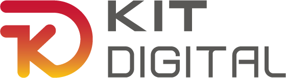 Logo de Kit Digital, un programa enfocado en la transformación digital de pequeñas y medianas empresas en España, con un diseño moderno en tonos rojos y grises.